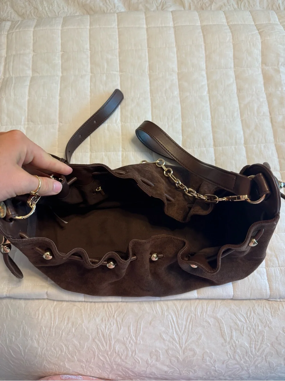 Brown Suede Embellished Shoulder Bag with Chain Accent - Picture 3 of 3